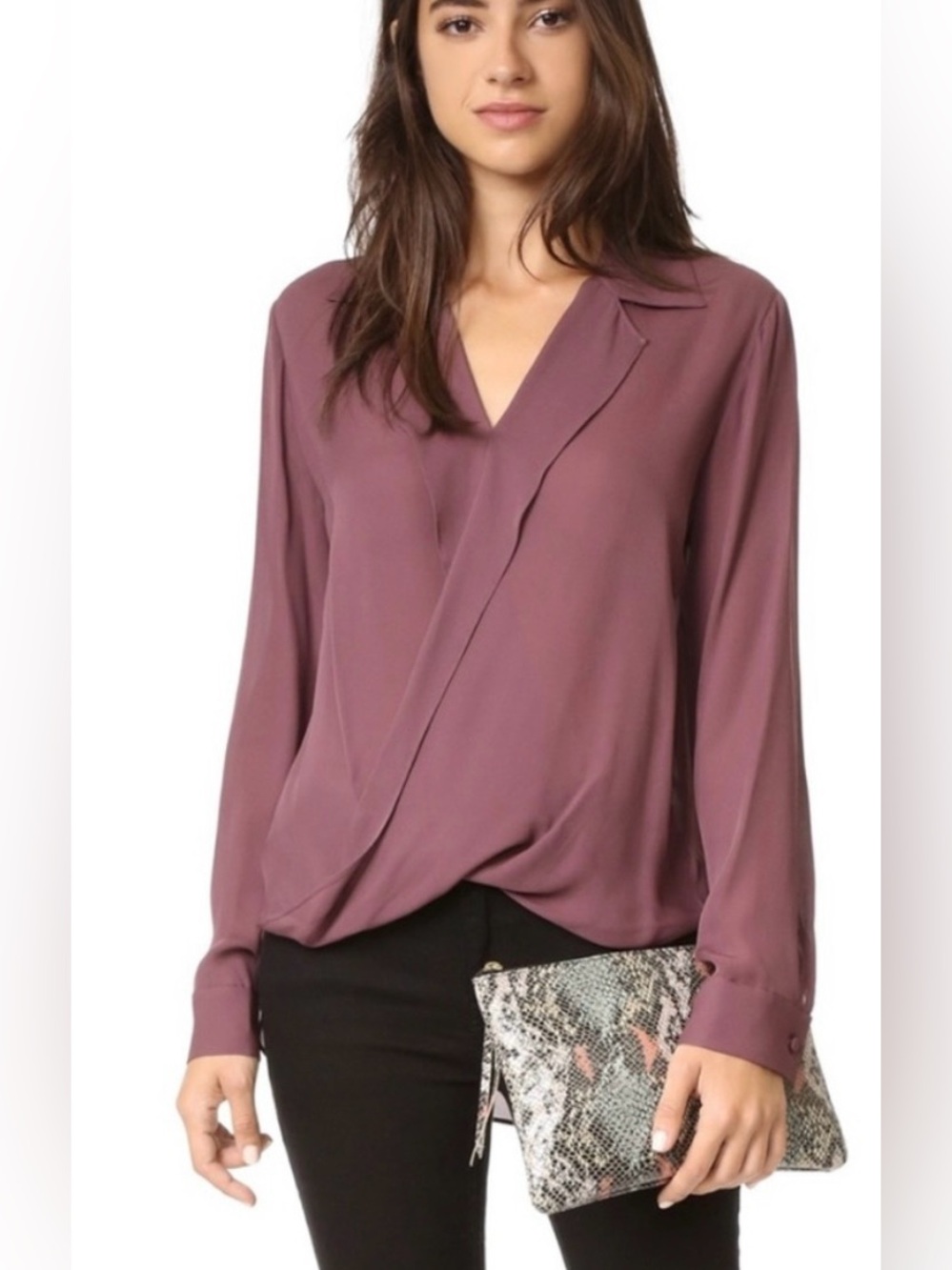 L'AGENCE Rita Silk Wrap-Style V-Neck Blouse in Mulberry
